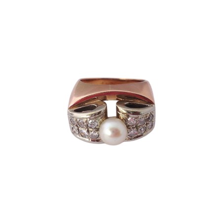 BAGUE EN OR 18K, PERLE DE CULTURE BLANCHE ET DIAMANTS.