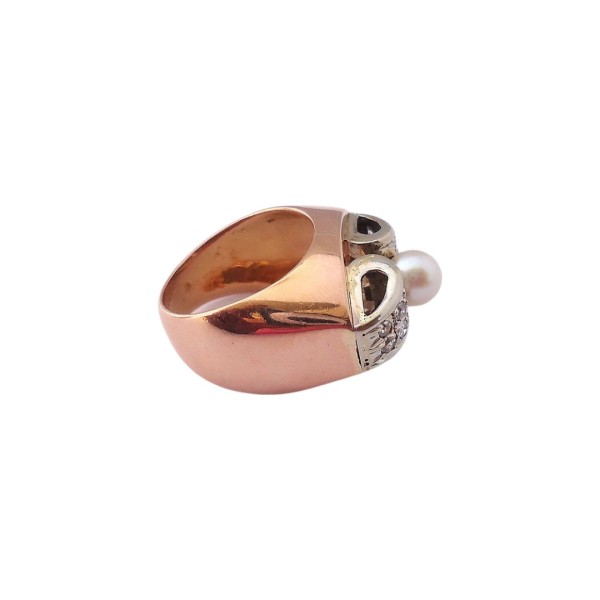 BAGUE EN OR 18K, PERLE DE CULTURE BLANCHE ET DIAMANTS.