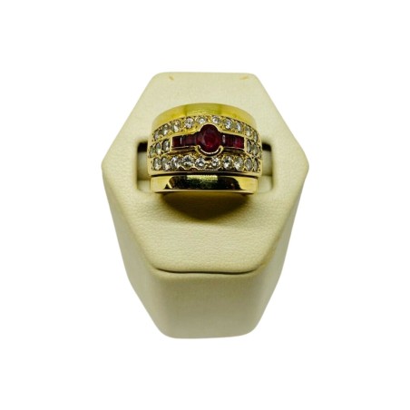 BAGUE JONC PLAT RUBIS ET DIAMANTS  EN OR 18K