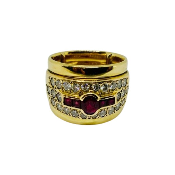 BAGUE JONC PLAT RUBIS ET DIAMANTS  EN OR 18K