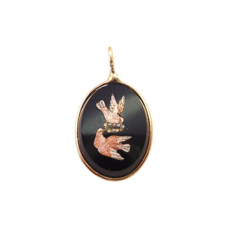 PENDENTIF EN OR 18K PLAQUE ONYX AVEC COLOMBES EN MARQUETERI