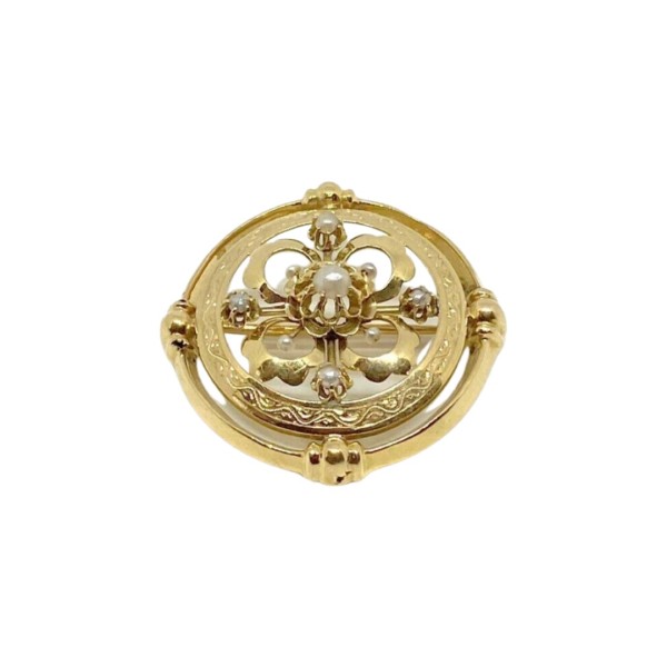 BROCHE RONDE ANCIENNE PERLES EN OR 18K