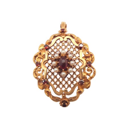 PENDENTIF BROCHE GRENATS ET PERLES EN OR 18K