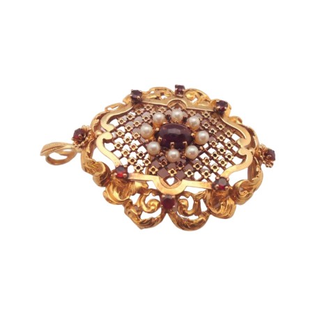 PENDENTIF BROCHE GRENATS ET PERLES EN OR 18K