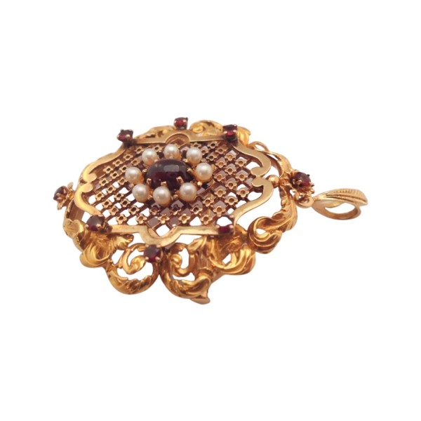 PENDENTIF BROCHE GRENATS ET PERLES EN OR 18K