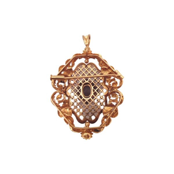 PENDENTIF BROCHE GRENATS ET PERLES EN OR 18K