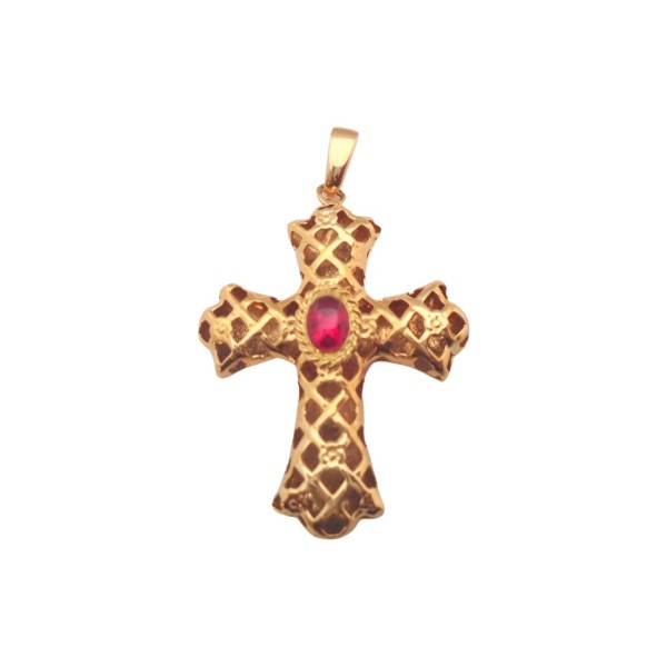 PENDENTIF CROIX PIERRE ROUGE EN OR 18K