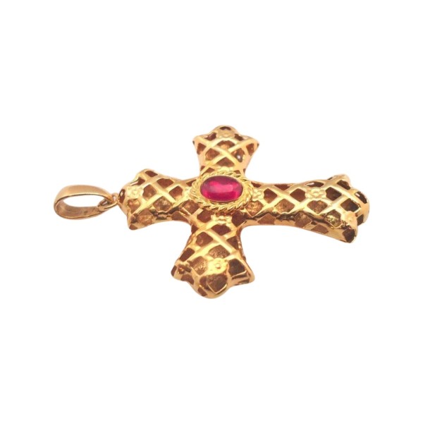 PENDENTIF CROIX PIERRE ROUGE EN OR 18K