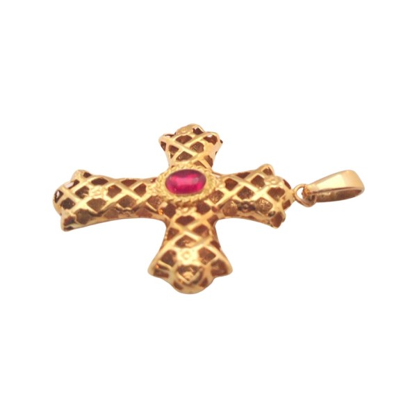 PENDENTIF CROIX PIERRE ROUGE EN OR 18K