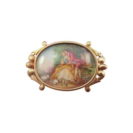 BROCHE EN OR 18K, ORNEE D'UNE MINIATURE.