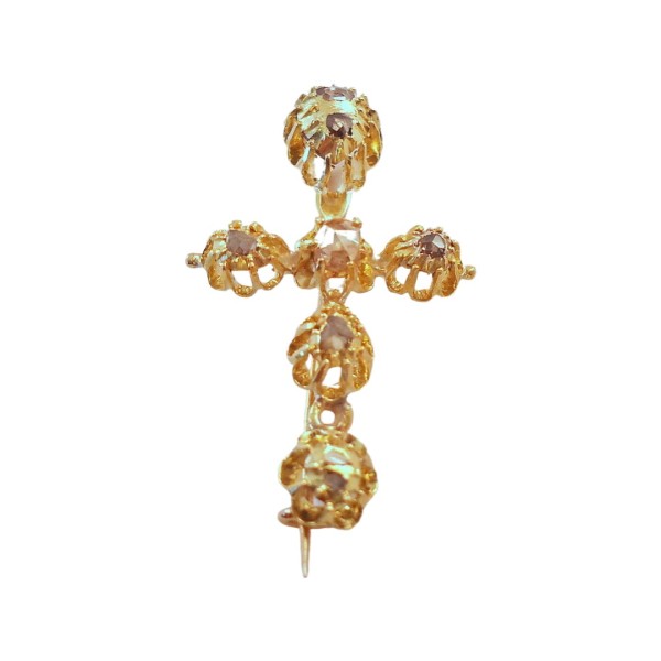 BROCHE CROIX ANCIENNE EN OR 18K DIAMANTS EN ROSE DE PROVENCE