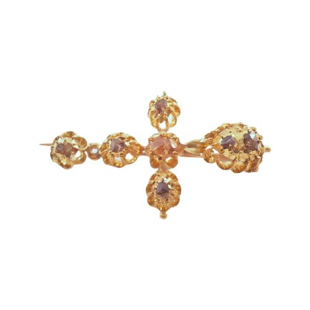 BROCHE CROIX ANCIENNE EN OR 18K DIAMANTS EN ROSE DE PROVENCE