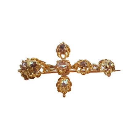 BROCHE CROIX ANCIENNE EN OR 18K DIAMANTS EN ROSE DE PROVENCE