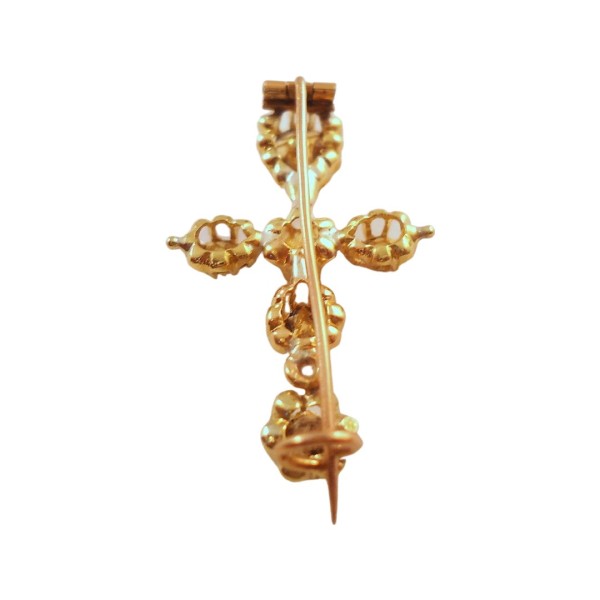 BROCHE CROIX ANCIENNE EN OR 18K DIAMANTS EN ROSE DE PROVENCE