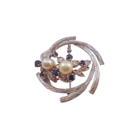 BROCHE RONDE PERLES, SAPHIRS ET DIAMANTS EN OR 18K