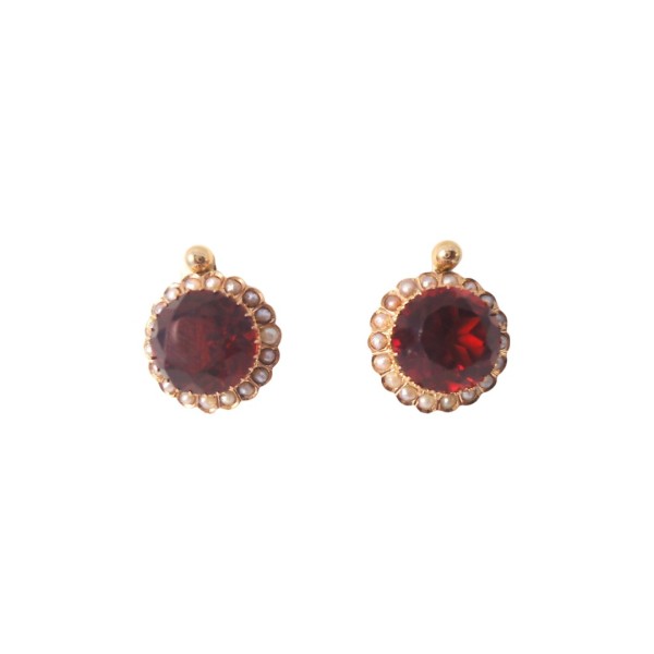 PAIRE DE CLOUS D'OREILLE OR 18K PIERRE ROUGE ET DEMI-PERLES