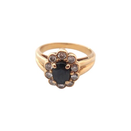 BAGUE FLEUR EN OR 18K, SAPHIR ET DIAMANT.