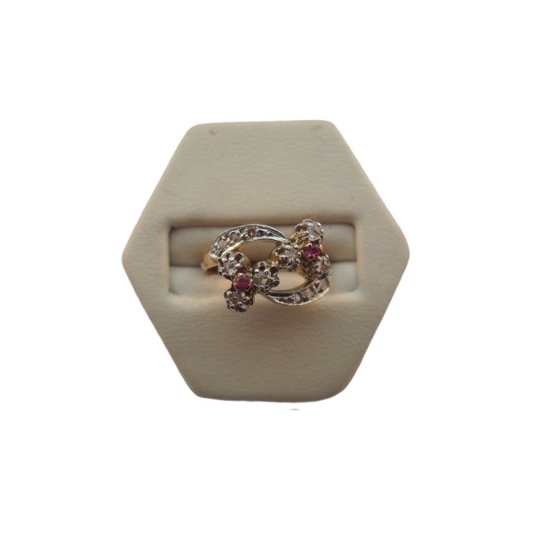 BAGUE ANCIENNE EN OR 18K RUBIS DE SYNTHESE ET DIAMANTS