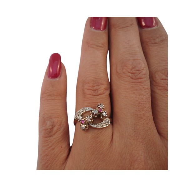 BAGUE ANCIENNE EN OR 18K RUBIS DE SYNTHESE ET DIAMANTS