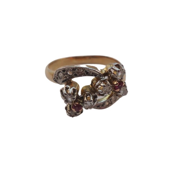 BAGUE ANCIENNE EN OR 18K RUBIS DE SYNTHESE ET DIAMANTS