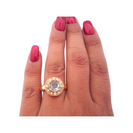 BAGUE RONDE AIGUE-MARINE ET DIAMANTS EN OR 18K