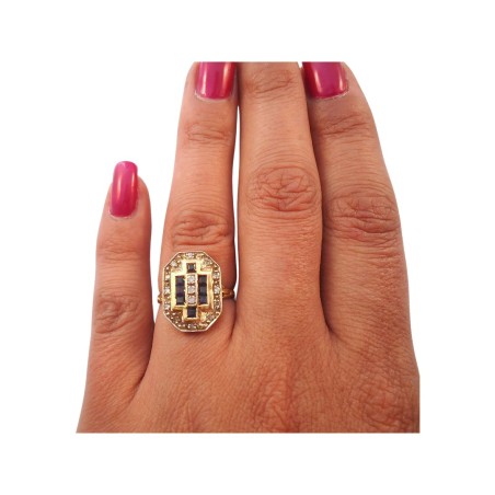 BAGUE OCTOGONALE EN OR 18K, SAPHIRS ET DIAMANTS.