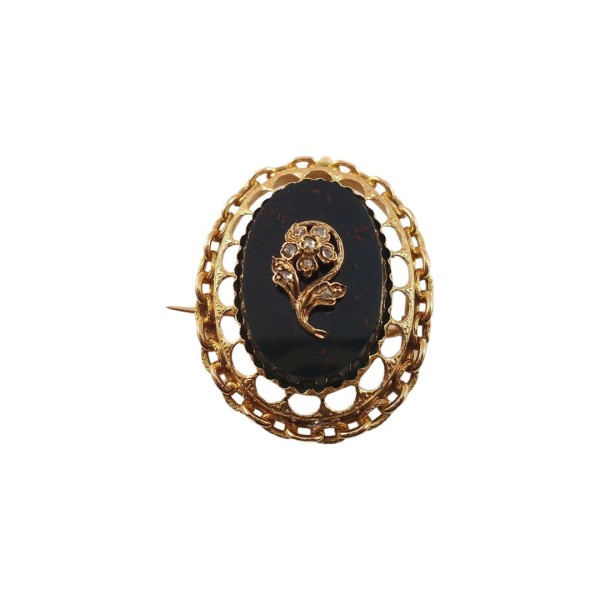 BROCHE ANCIENNE EN OR 18K ONYX ET DIAMANTS