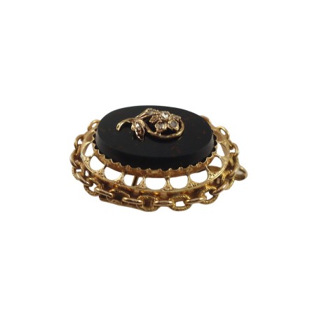 BROCHE ANCIENNE EN OR 18K ONYX ET DIAMANTS