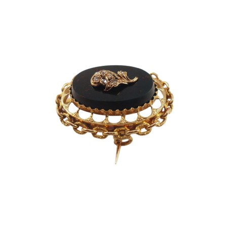 BROCHE ANCIENNE EN OR 18K ONYX ET DIAMANTS