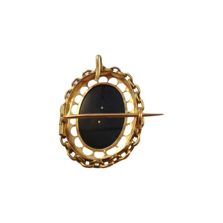 BROCHE ANCIENNE EN OR 18K ONYX ET DIAMANTS