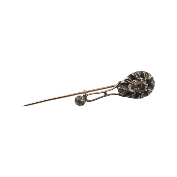 BROCHE EPINGLE ANCIENNE EN OR 18K ET ARGENT, DIAMANTS.