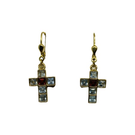 PAIRE PENDANTS CROIX AIGUES MARINES ET TOURMALINES EN OR 18K