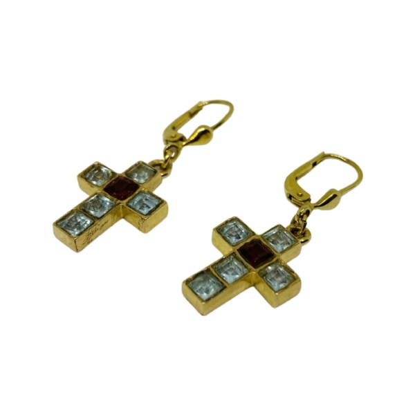 PAIRE PENDANTS CROIX AIGUES MARINES ET TOURMALINES EN OR 18K