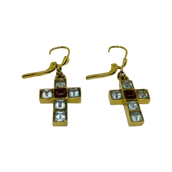 PAIRE PENDANTS CROIX AIGUES MARINES ET TOURMALINES EN OR 18K