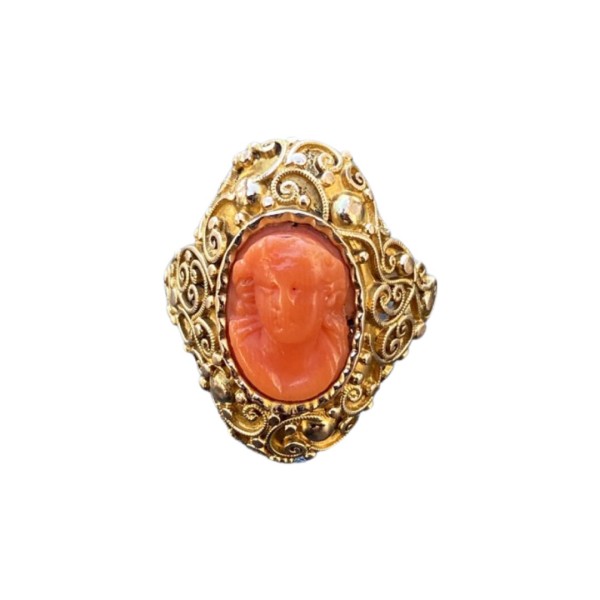 BAGUE CAMÉE SUR CORAIL EN 14K