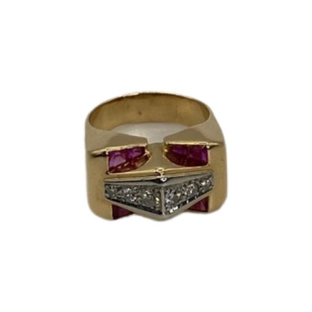 BAGUE TANK RUBIS ET DIAMANTS ANNÉES 40 EN OR 18K