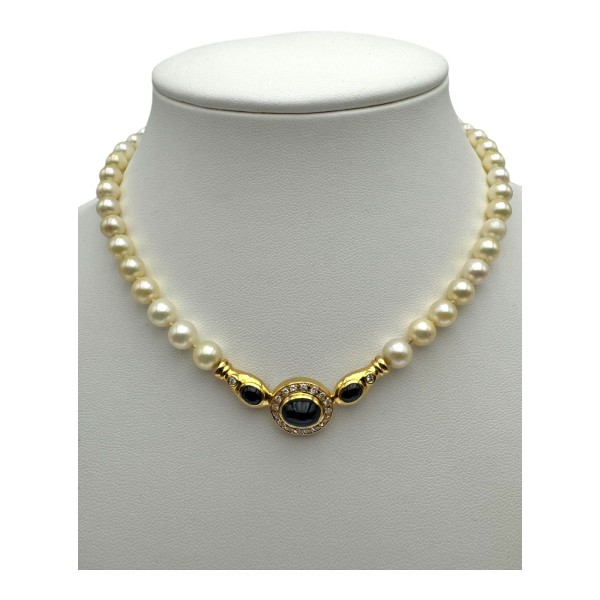 COLLIER PERLES DE CULTURE ET MOTIF  SAPHIR ET DIAMANTS