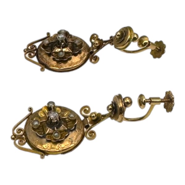 PAIRE DE PENDANTS ANCIENS PERLES ET DIAMANTS EN OR 18K