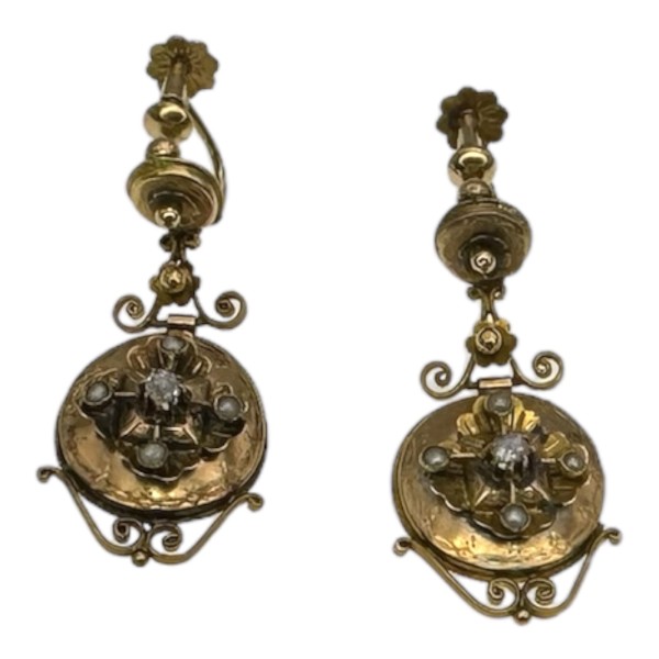 PAIRE DE PENDANTS ANCIENS PERLES ET DIAMANTS EN OR 18K