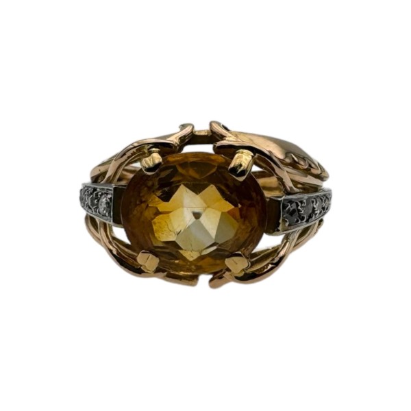 BAGUE CITRINE ET DIAMANTS VERS 1950 EN OR 18K