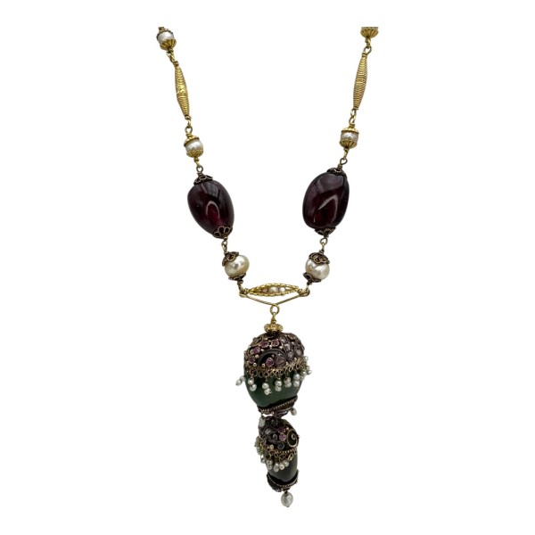 COLLIER ANCIEN TOURMALINES, PERLES ET DIAMANTS EN OR 18K