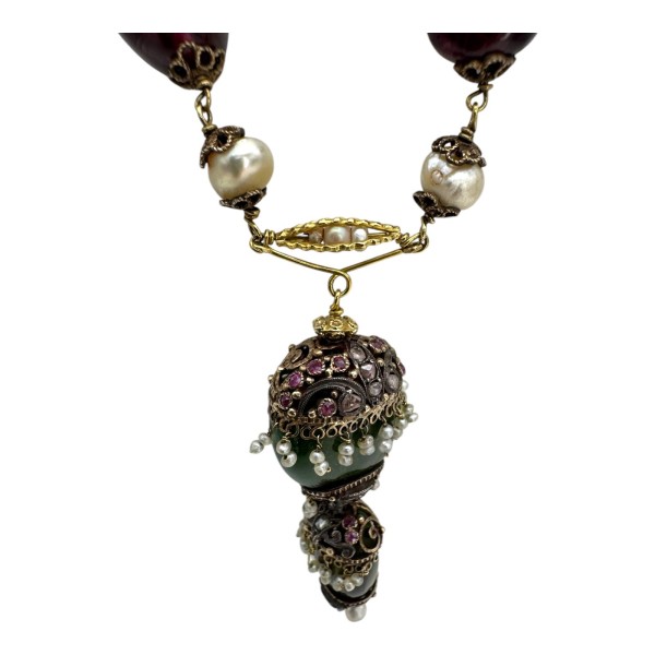 COLLIER ANCIEN TOURMALINES, PERLES ET DIAMANTS EN OR 18K