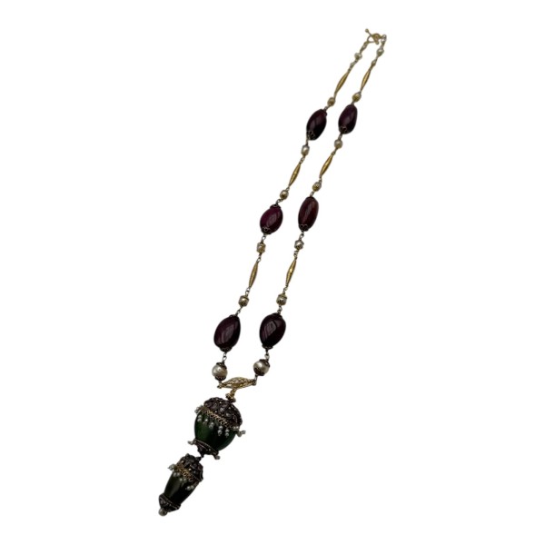 COLLIER ANCIEN TOURMALINES, PERLES ET DIAMANTS EN OR 18K