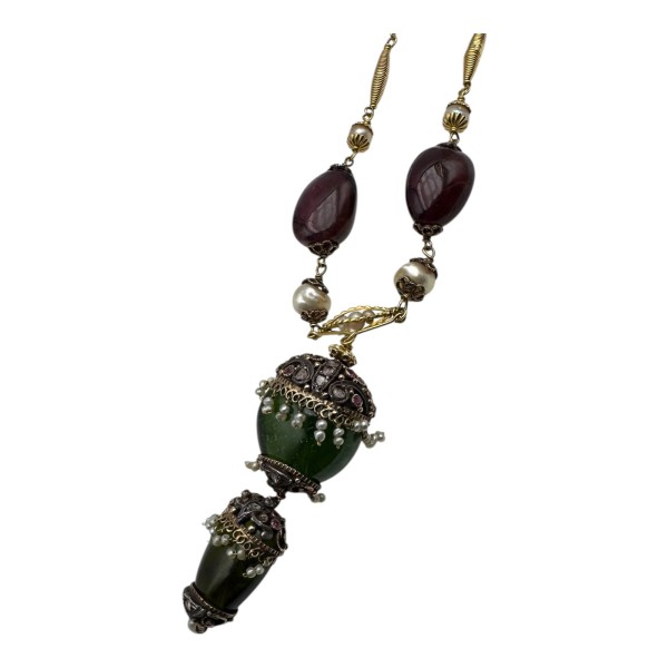 COLLIER ANCIEN TOURMALINES, PERLES ET DIAMANTS EN OR 18K