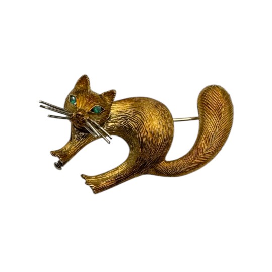 BROCHE CHAT YEUX CHRYSOPRASES EN OR 18K