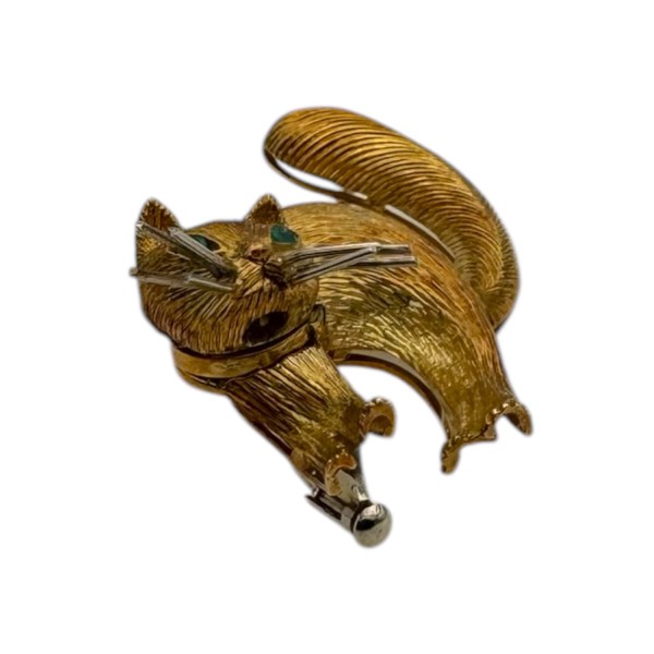 BROCHE CHAT YEUX CHRYSOPRASES EN OR 18K