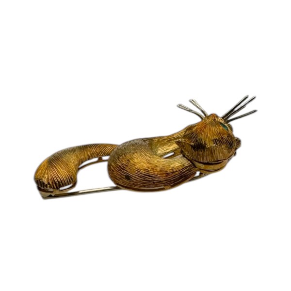 BROCHE CHAT YEUX CHRYSOPRASES EN OR 18K