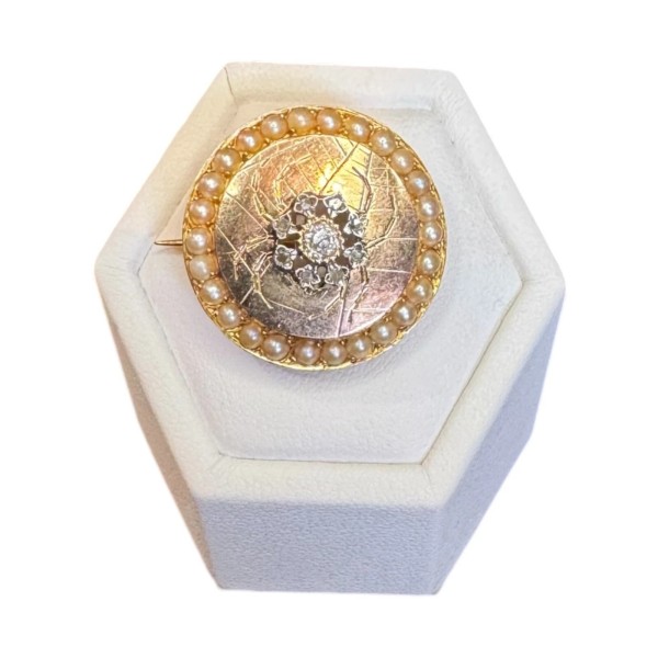 BROCHE ANCIENNE MOTIF ARAIGNÉE DIAMANTS ET PERLES EN OR 18K