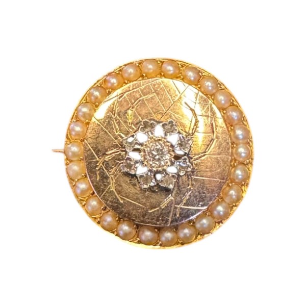 BROCHE ANCIENNE MOTIF ARAIGNÉE DIAMANTS ET PERLES EN OR 18K