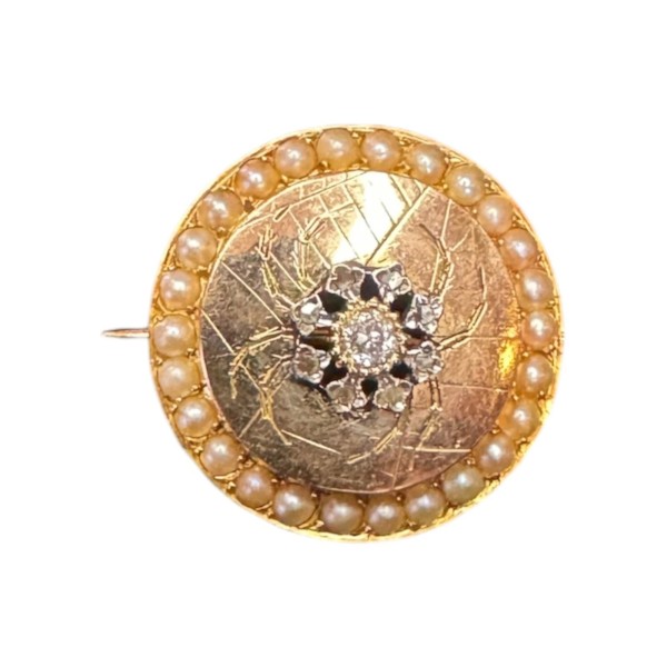 BROCHE ANCIENNE MOTIF ARAIGNÉE DIAMANTS ET PERLES EN OR 18K